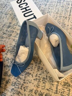 SCHUTZ Dusty Blue Mesh and Leather Low Block Heel Pumps with Bow